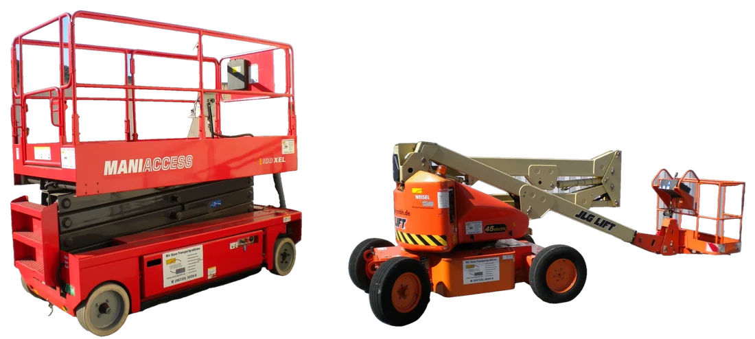 Scherenbühne Manitou 100 XEL und Gelenkbühne JLG 45 Electric der Weisel-Mietflotte