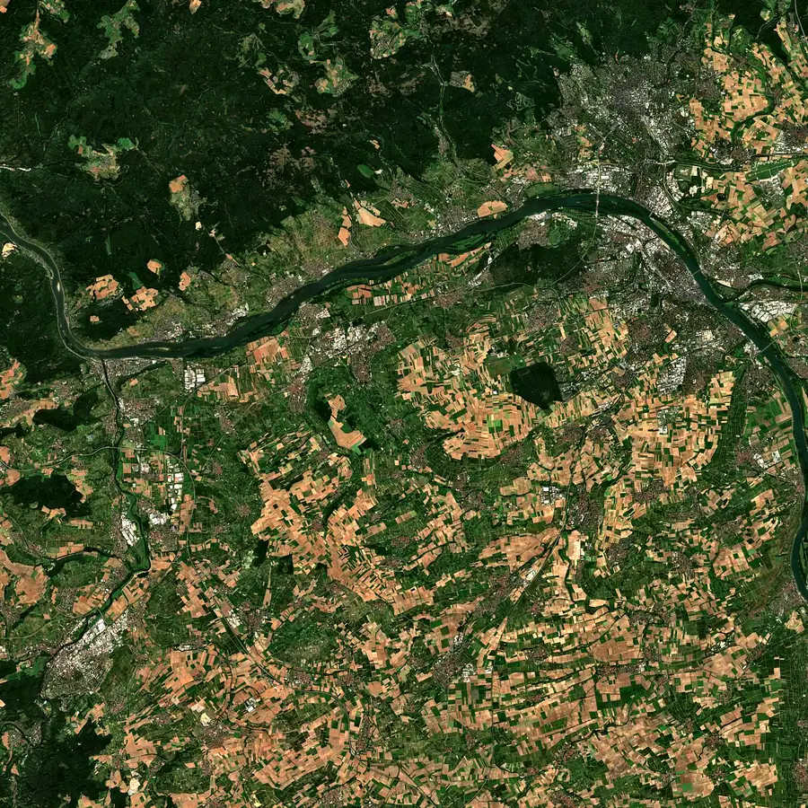 Luftbild der Region: der Betrieb in 55435 Gau-Algesheim, dazu Bingen, Ingelheim, Mainz, Wiesbaden und Bad Kreuznach